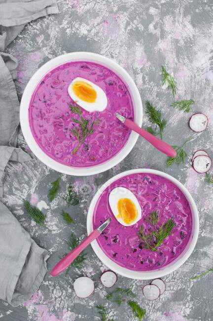 Cold soup made with kefir, yoghurt, sour cream and beet root, served with boiled egg — Stock Photo