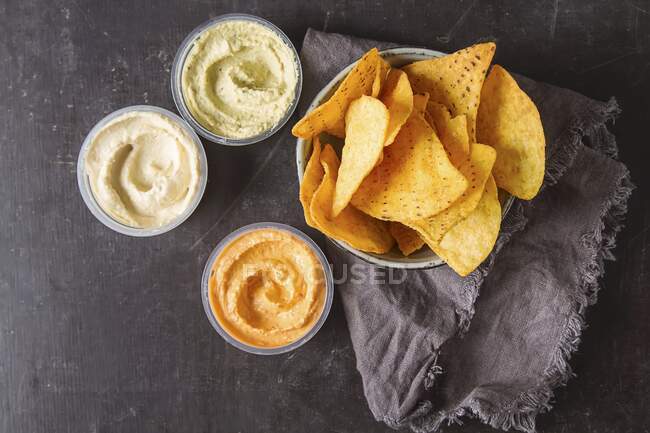 Vegetarian snack with dips and flatbread — Stock Photo