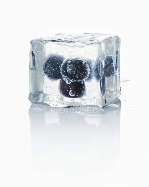 Ice cube with blueberries inside on white surface with reflection — Stock Photo