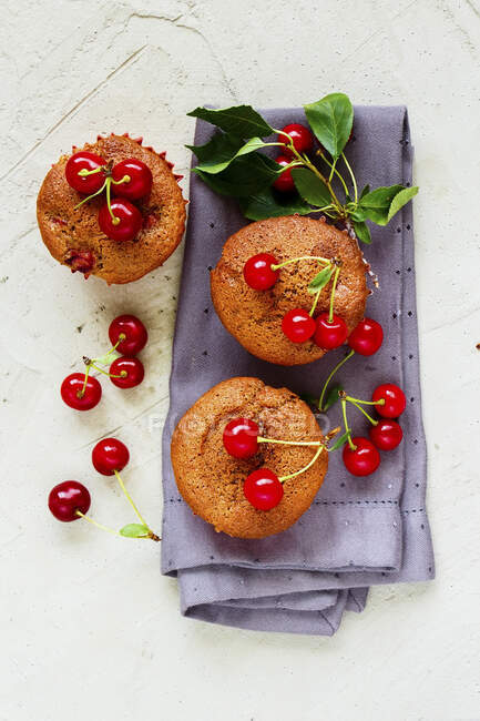 Homemade cherry muffins with sweet cherry on concrete background — Stock Photo
