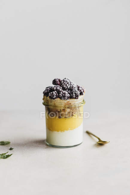 Mango mousse dessert with yogurt and frozen blackberries — Stock Photo