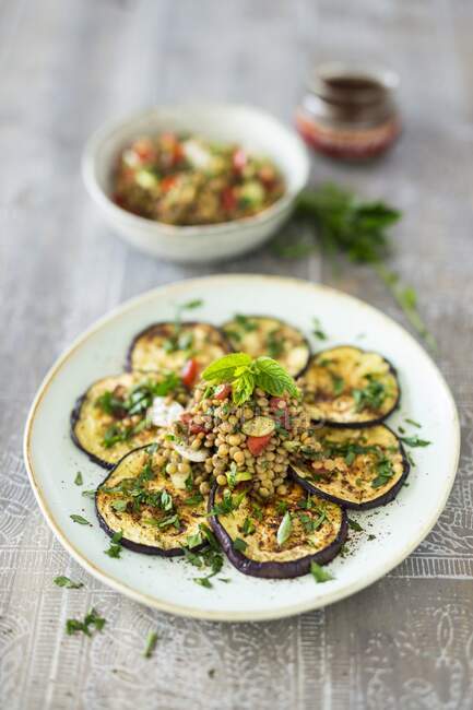 Baked eggplants slices with lentils and mint — Stock Photo