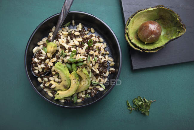 Vegan beluga lentil and wheat salad with avocado and spring onions — Stock Photo