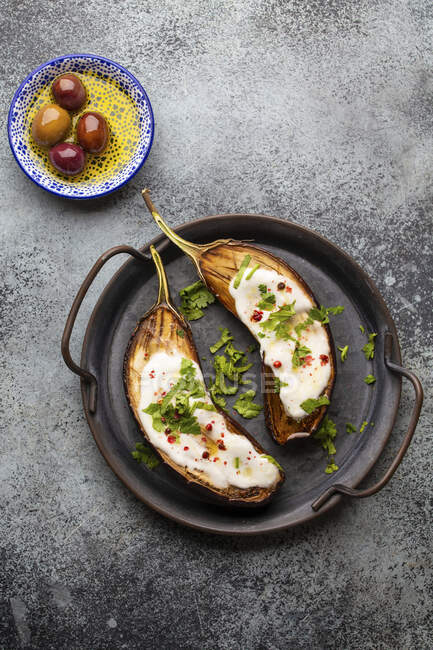 Grilled eggplant served in a pan with yoghurt, fresh cilantro and seasonings — Stock Photo