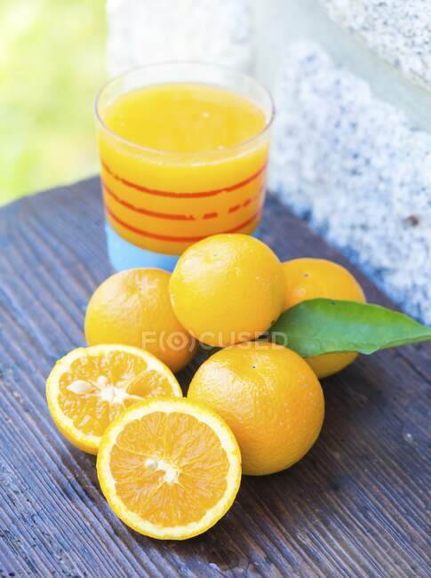 Zumo de naranja exprimido de naranjas portuguesas recién recogidas - foto de stock