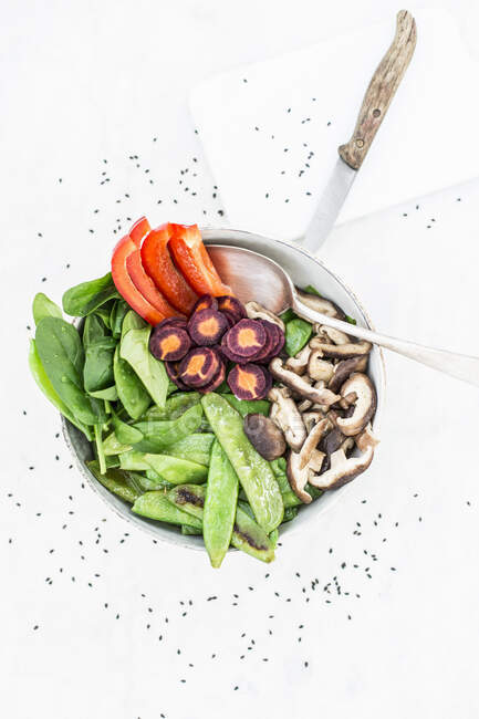 A vegetable bowl with peppers, colourful carrots, shiitake mushrooms and mange tout — Stock Photo