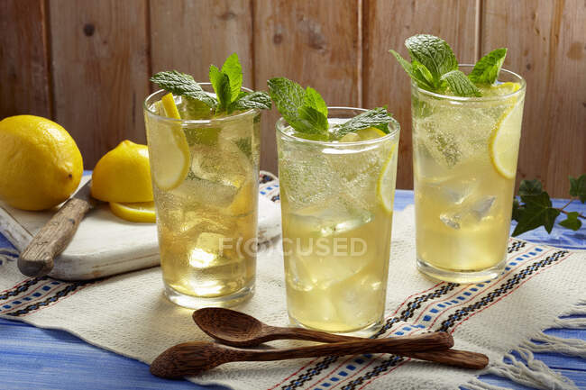 Limonada de manzanilla con hielo, menta y limones - foto de stock