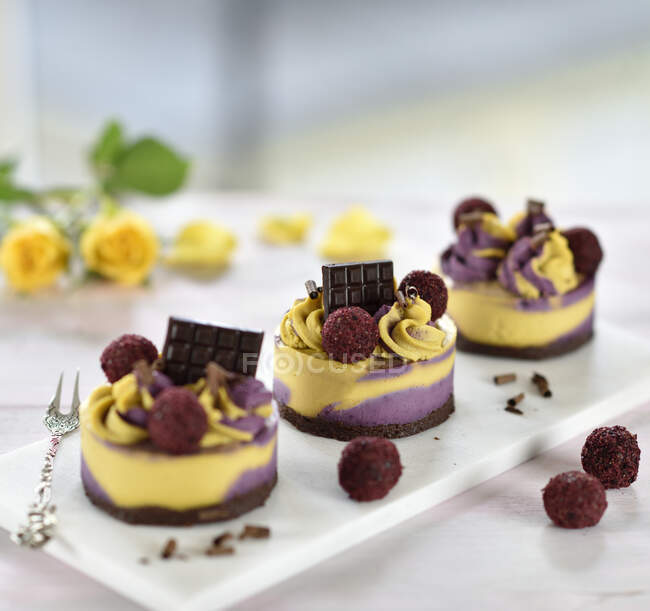 Raw cassis and mango tarts with chocolate and almond bases, decorated with fruity chocolate balls and chocolate squares (vegan) — Stock Photo