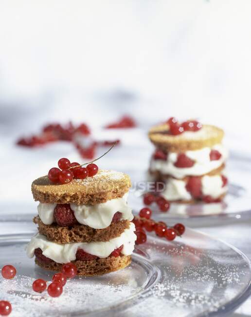 Raspberries layered tarts with whipped cream and redcurrants — Stock Photo