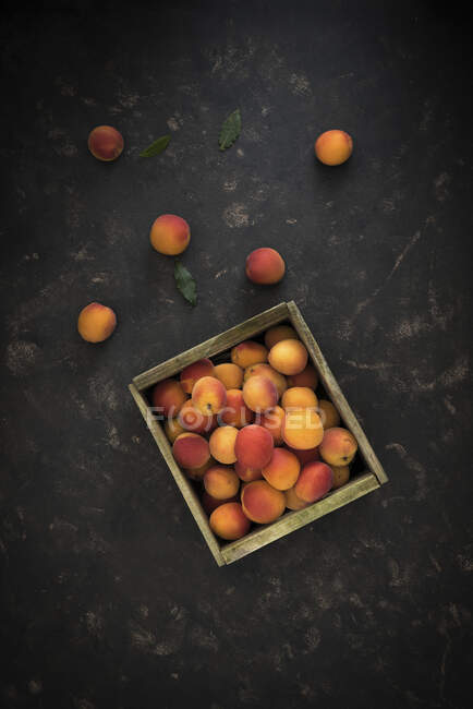 Caisse en bois avec abricots sur surface sombre — Photo de stock