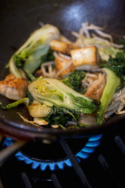 Bok choy with tofu and bean sprouts in a wok — Stock Photo