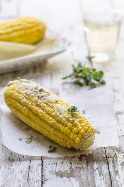 Grilled corn with cheese and marjoram — Stock Photo