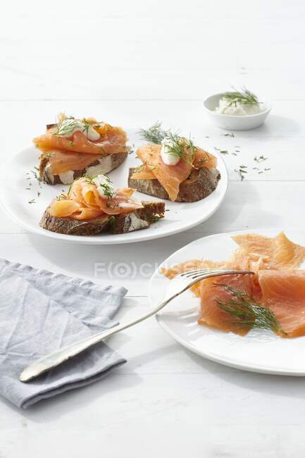 Brown bread with salmon, creamy horseradish sauce and dill — Stock Photo