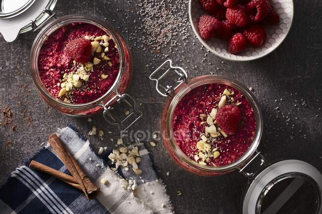 Chia puddings with raspberries and cinnamon — Stock Photo
