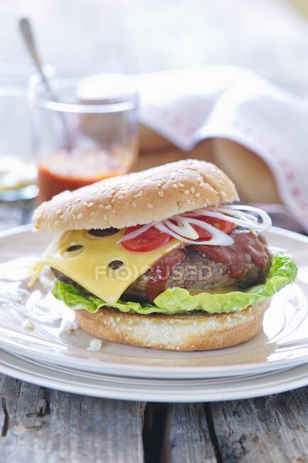 Un hamburger con formaggio, ketchup e cipolle — Foto stock