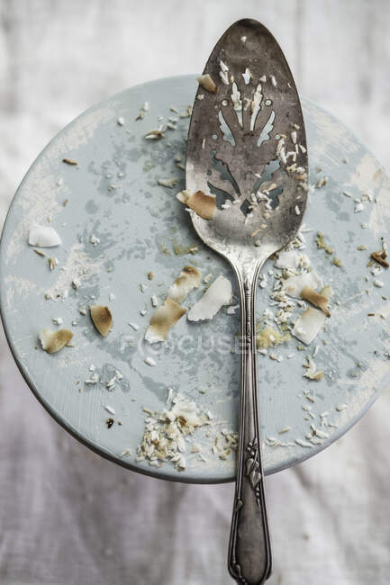 The remains of coconut cake on a plate with a cake slice — Stock Photo