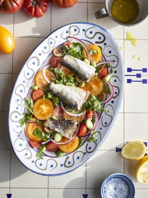 Portuguese sardines with tomato and lettuce — Stock Photo