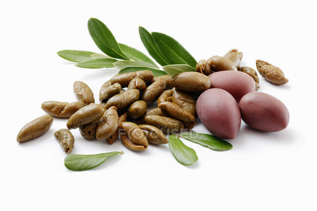 Olives: fresh and dried on a white surface — Stock Photo