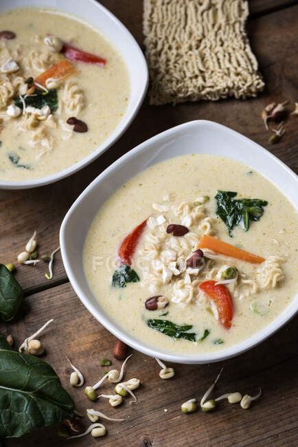 Vegane Kokos-Curry-Suppe mit Mie-Nudeln, Bok Choy, Paprika, Cashewnüssen und Sojasprossen — Stockfoto