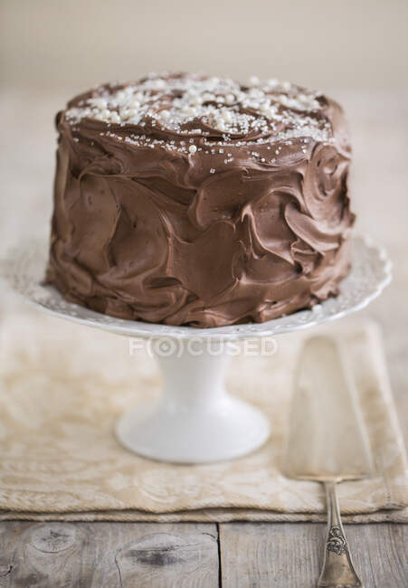Um bolo de creme de chocolate de três camadas em uma banca de bolo — Fotografia de Stock