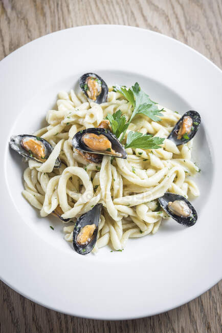 Traditionelle hausgemachte Pasta mit Miesmuscheln und cremiger Pecorino-Käsesauce, garniert mit Petersilie auf einem weißen Teller — Stockfoto