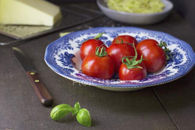 Pomodori freschi e basilico su un piatto — Foto stock