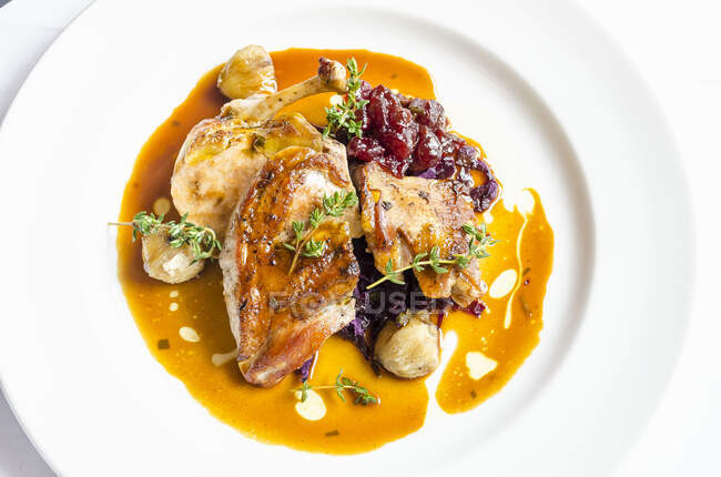 Confit of duck breast with cranberry sauce compote and cabbage in a red wine and juices sauce on a white plate — Stock Photo