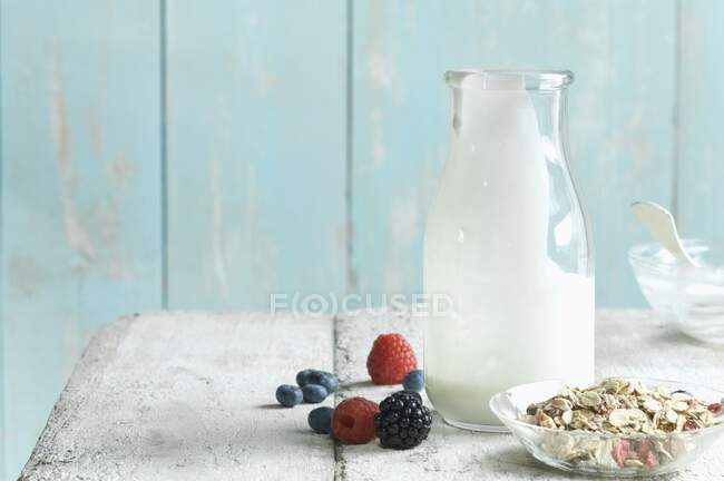 Cereais, iogurtes e bagas, ingredientes para muesli bowl — Fotografia de Stock