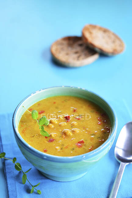 Soupe de curry dans un bol rustique avec du pain grillé en arrière-plan — Photo de stock