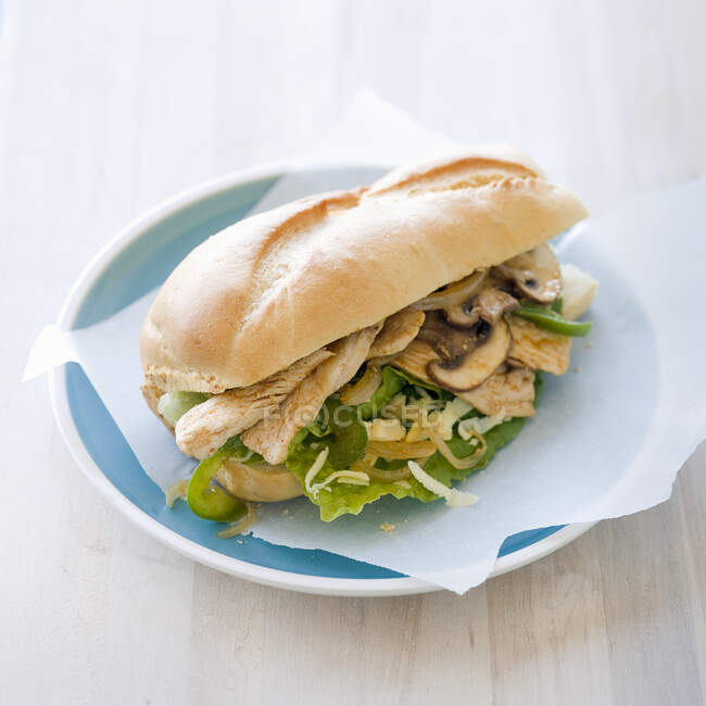 Hähnchen-U-Boot-Sandwich mit Zwiebeln, Pilzen und Paprika — Stockfoto