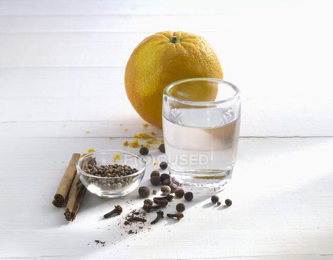 Rum mit Orangenschale und verschiedenen Gewürzen — Stockfoto