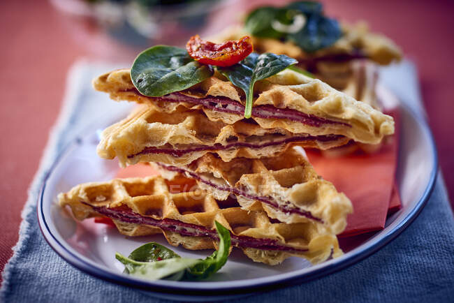 Spicy waffles with bacon and spinach — Stock Photo
