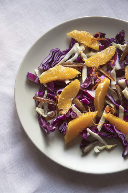 A raw and healthy winter salad ith red cabbage, white cabbage, dates, orange, zest of orange — Stock Photo