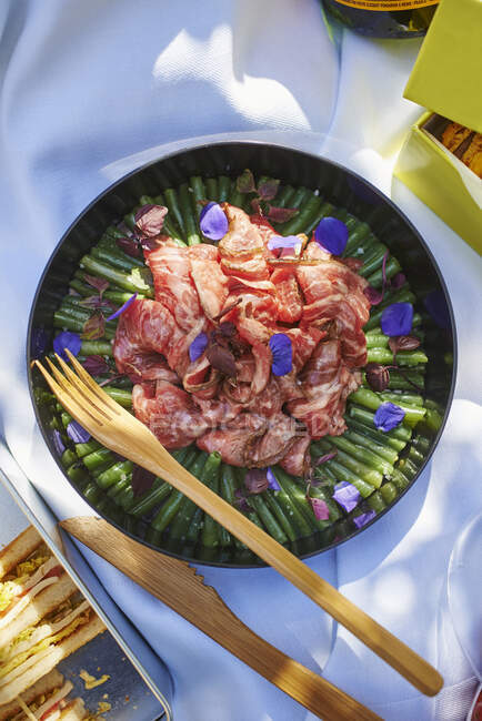 Uma salada de piquenique com feijão verde e carne bovina — Fotografia de Stock