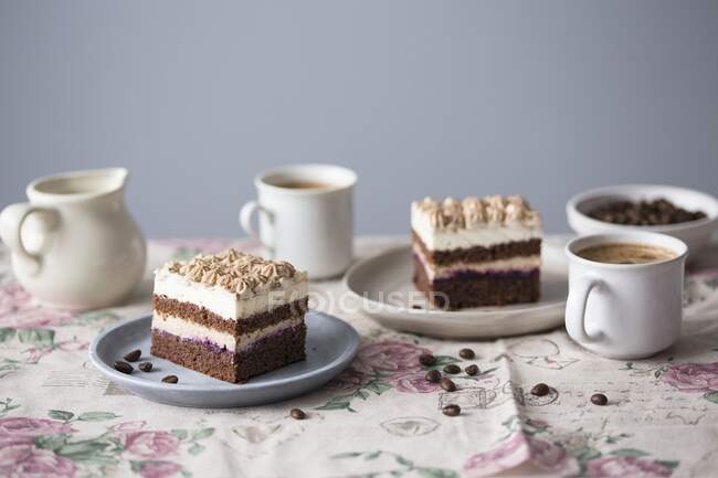Cappuccino cake with chocolate sponge and vanilla frosting served with coffee — Stock Photo