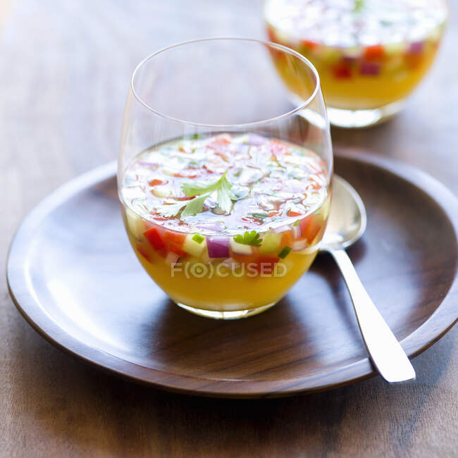 Gazpacho with pineapple in glasses — Stock Photo
