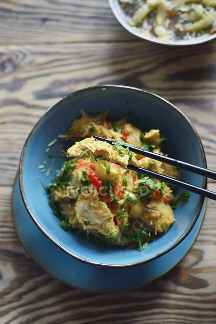 Tacchino con tagliatelle di riso, verdure e prezzemolo — Foto stock