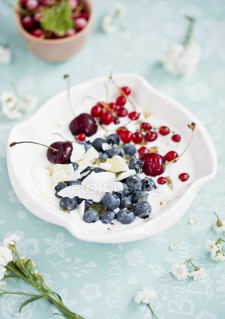 Yoghurt with coconut flakes, cherries, redcurrants and blueberries — Stock Photo