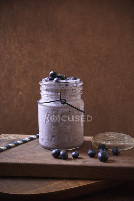Blueberry Smoothie in a Vintage Glass Jar — Stock Photo