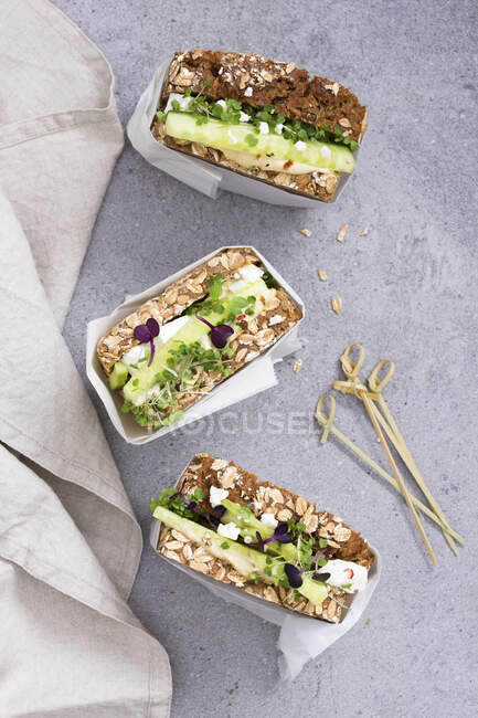 Sanduíches com pepino, queijo feta e húmus — Fotografia de Stock