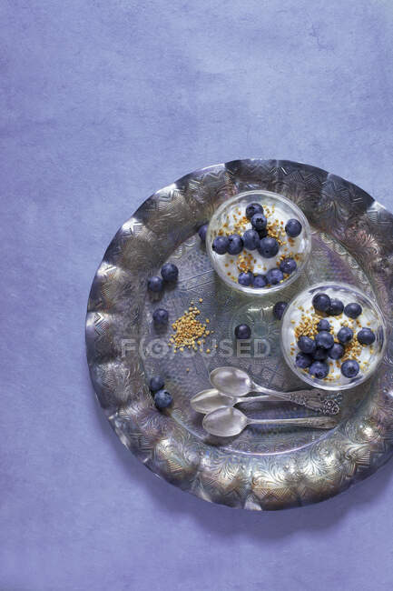 Duas taças de vidro de iogurte liso com mirtilos e pólen de abelha em uma bandeja de prata — Fotografia de Stock