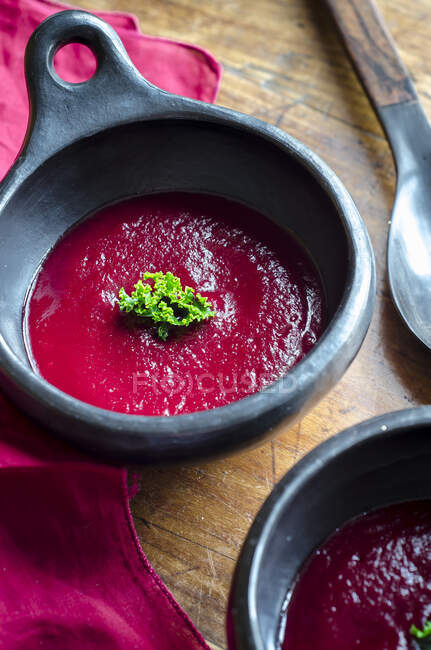 Red beetroot and cabbage soup garnished with kale leaves — Stock Photo