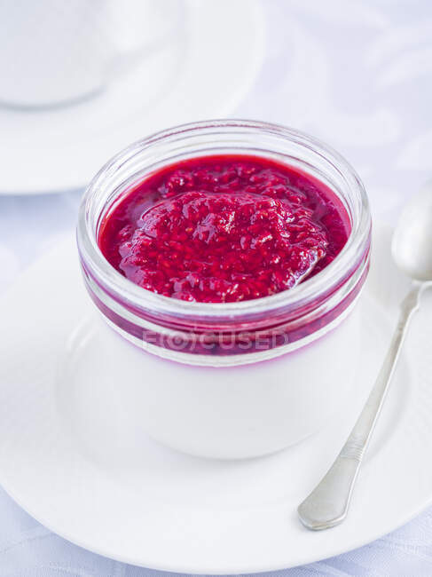 Glass of yoghurt with fruit puree on top — Stock Photo