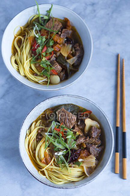 Sopa de macarrão asiático com carne e legumes — Fotografia de Stock