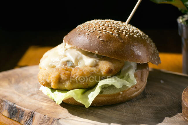 Primer plano de deliciosa hamburguesa schnitzel con gorgonzola - foto de stock