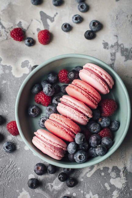 Macarons with berries close-up view — Stock Photo