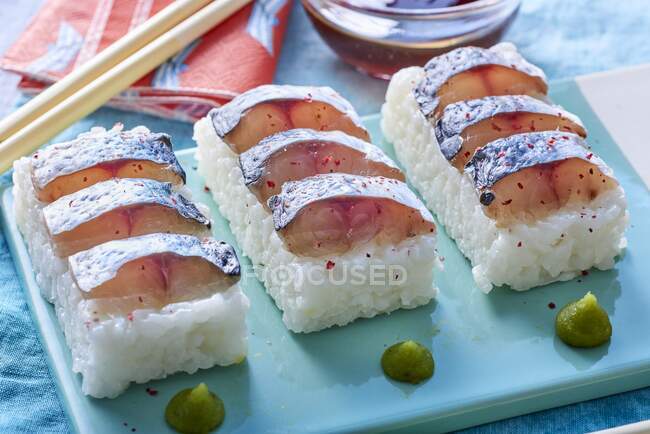 Mackerel Sushi close-up view — Stock Photo
