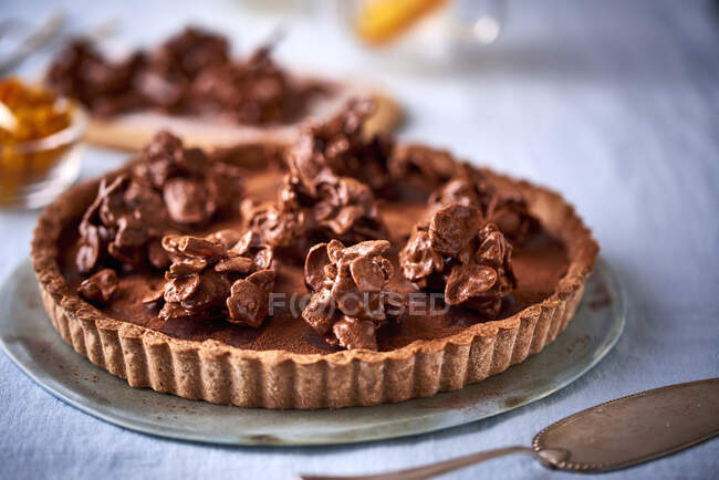 A chocolate and pumpkin tart topped with cornflakes — Stock Photo