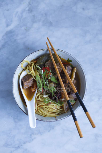 Sopa de fideos asiáticos con carne de res y verduras - foto de stock