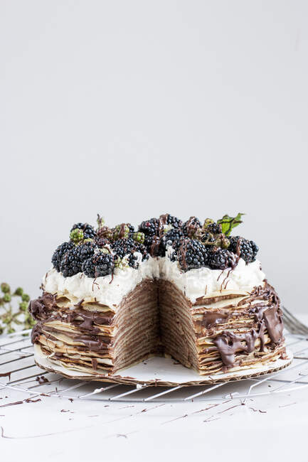 Una torta di pancake con cioccolato e more — Foto stock
